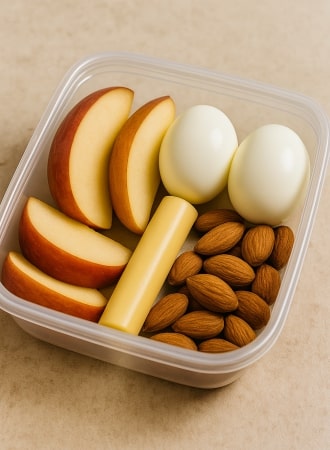 Hard-Boiled Eggs, Almonds, Cheese Sticks, and Apple Slices